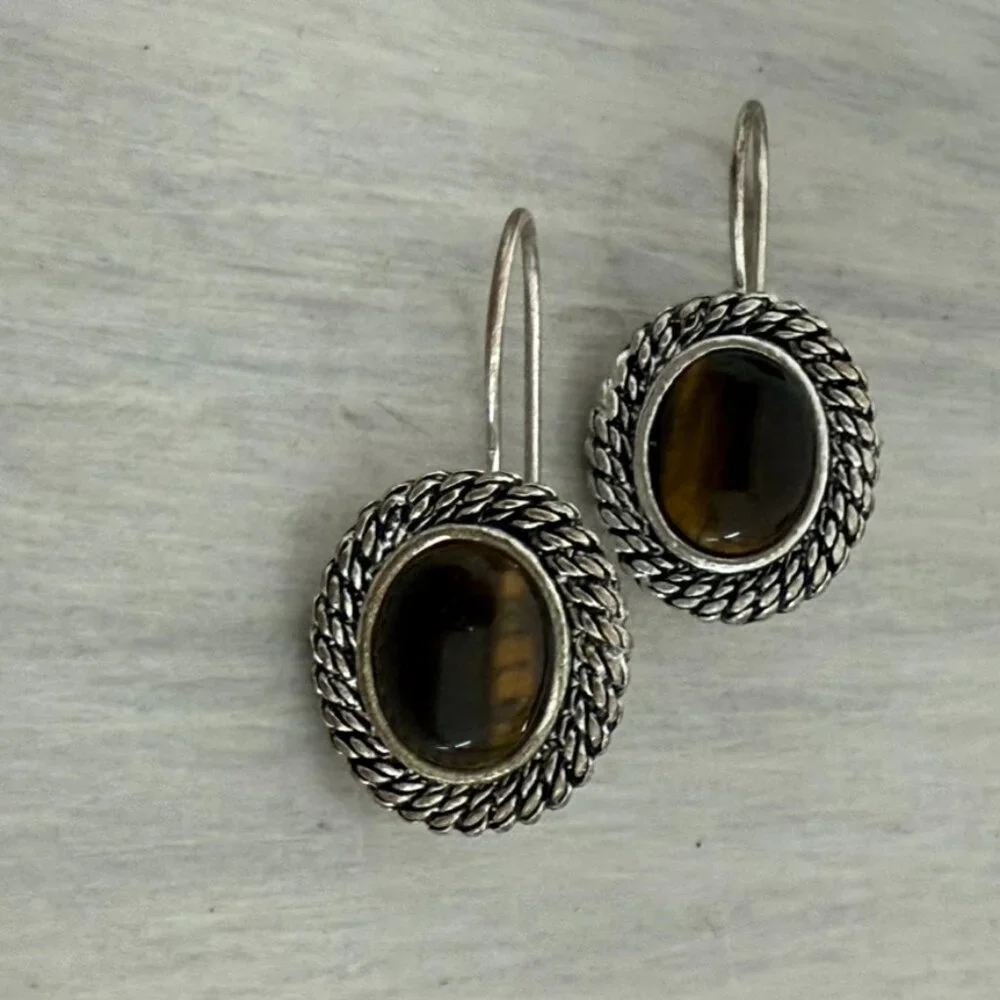 Vintage Avon Silvertone Tiger's Eye Earrings, Pierced,  Wire Closure - Picture 2 of 5